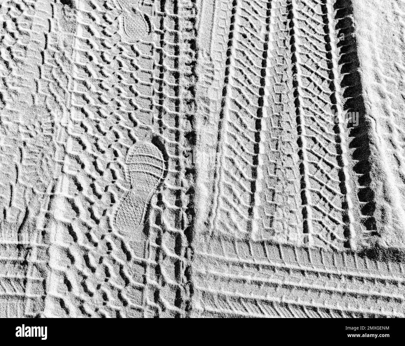 Détail des traces de pneus sur une plage de sable Banque D'Images
