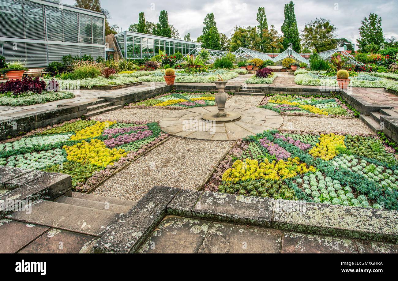 Un lit de fleurs idyllique dans les jardins botaniques de Hanovre dans le temps nuageux de septembre et serres sur la gauche Banque D'Images
