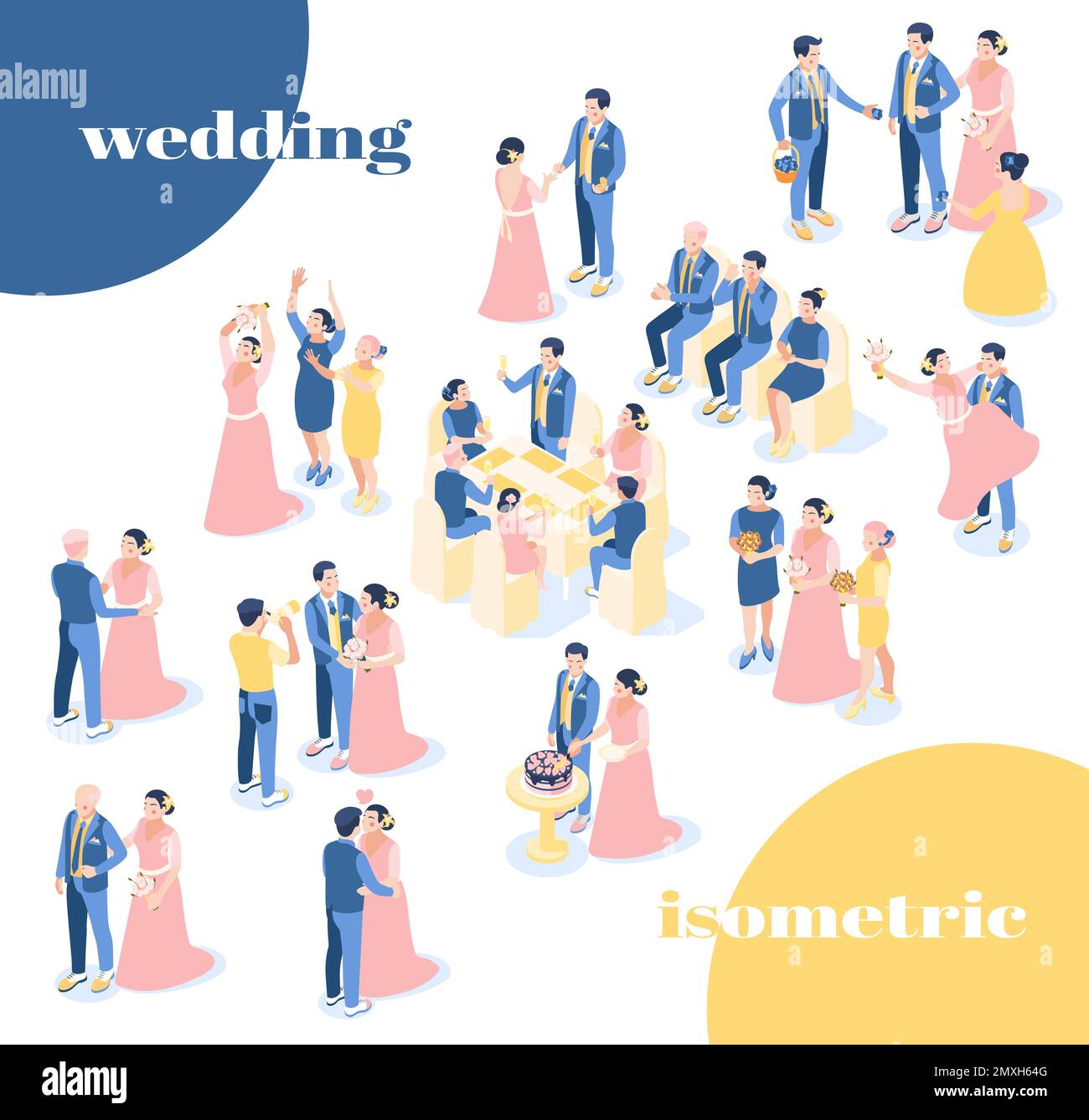 Les icônes isométriques de mariage recalent l'ensemble de mariée et de marié dans des vêtements de fête avec des invités et des amis sur la cérémonie de mariage illustration vectorielle isolée Illustration de Vecteur