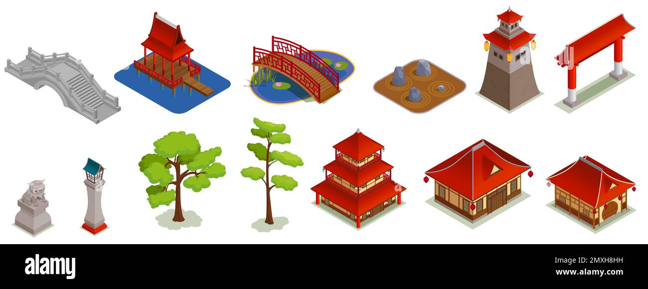 Architecture de bâtiments asiatiques ensemble isométrique avec des icônes isolées et des images de bâtiments orientaux traditionnels et des formes de terrain illustration vectorielle Illustration de Vecteur