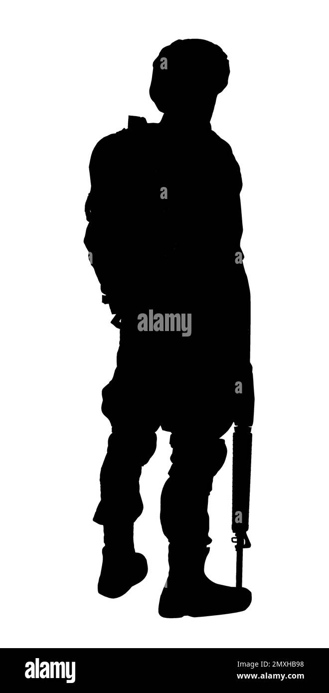 Silhouette de soldat avec fusil d'assaut sur fond blanc. Service militaire Banque D'Images