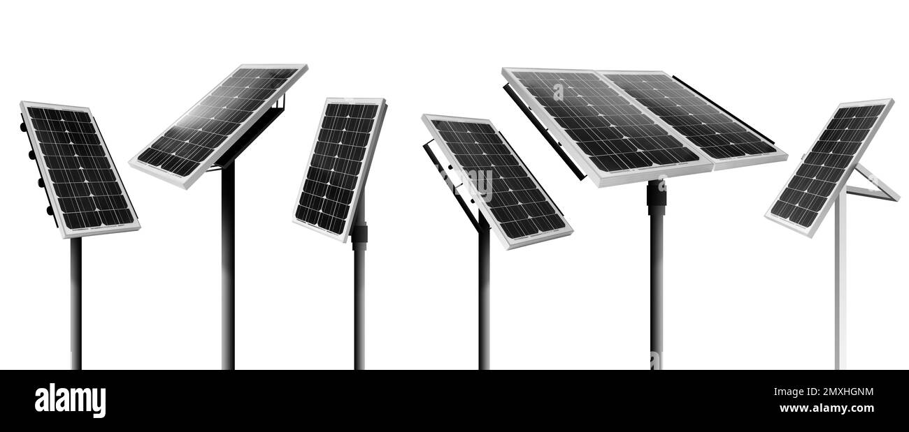 Ensemble avec différents panneaux solaires sur fond blanc, design de bannière. Source d'énergie alternative Banque D'Images