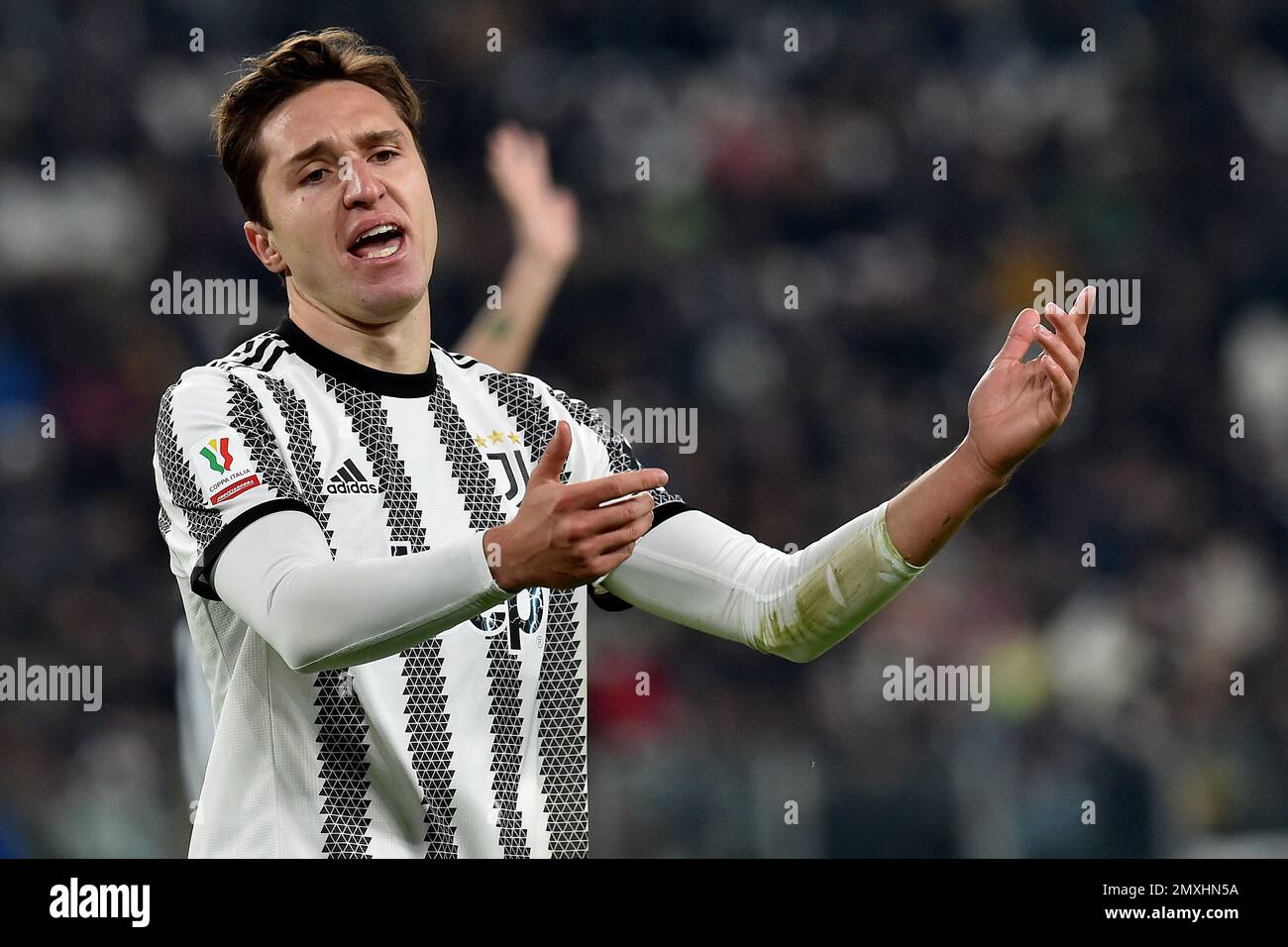 Federico Chiesa de Juventus FC réagit lors du match de football de la coupe d'Italie entre Juventus FC et SS Lazio au stade de Juventus à Turin (Italie), Febr Banque D'Images Federico Chiesa de Juventus FC réagit lors du match de football de la coupe d'Italie entre Juventus FC et SS Lazio au stade de Juventus à Turin (Italie), Febr Banque D'Images
