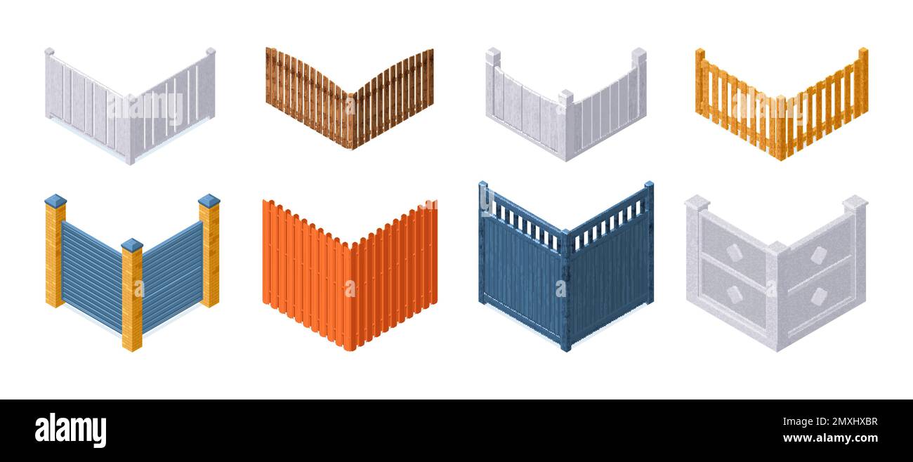 Les icônes Isométrique des coins de clôture modernes et traditionnelles définissent l'illustration vectorielle isolée Illustration de Vecteur