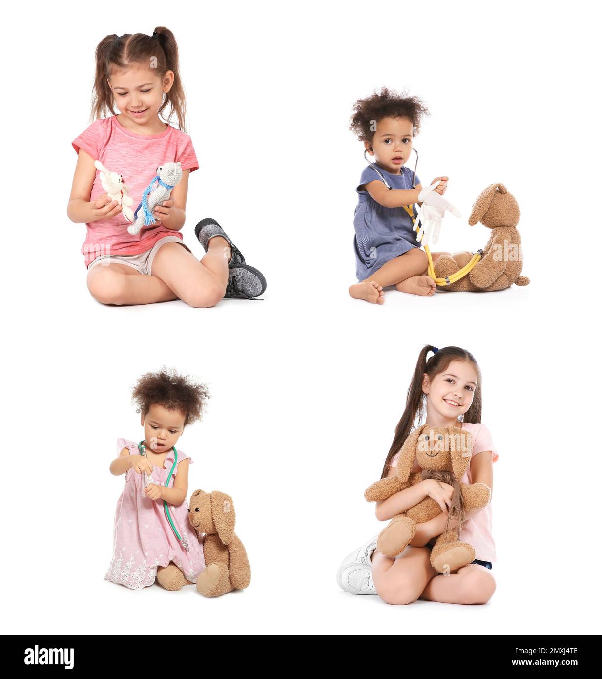 Collage de petits enfants adorables jouant sur fond blanc Banque D'Images