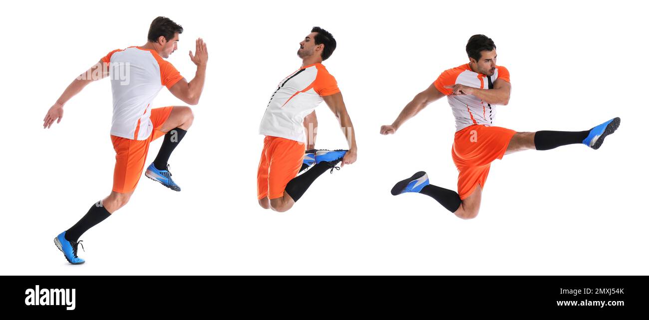 Collage de photos de jeunes joueurs de football sur fond blanc. Bannière Banque D'Images