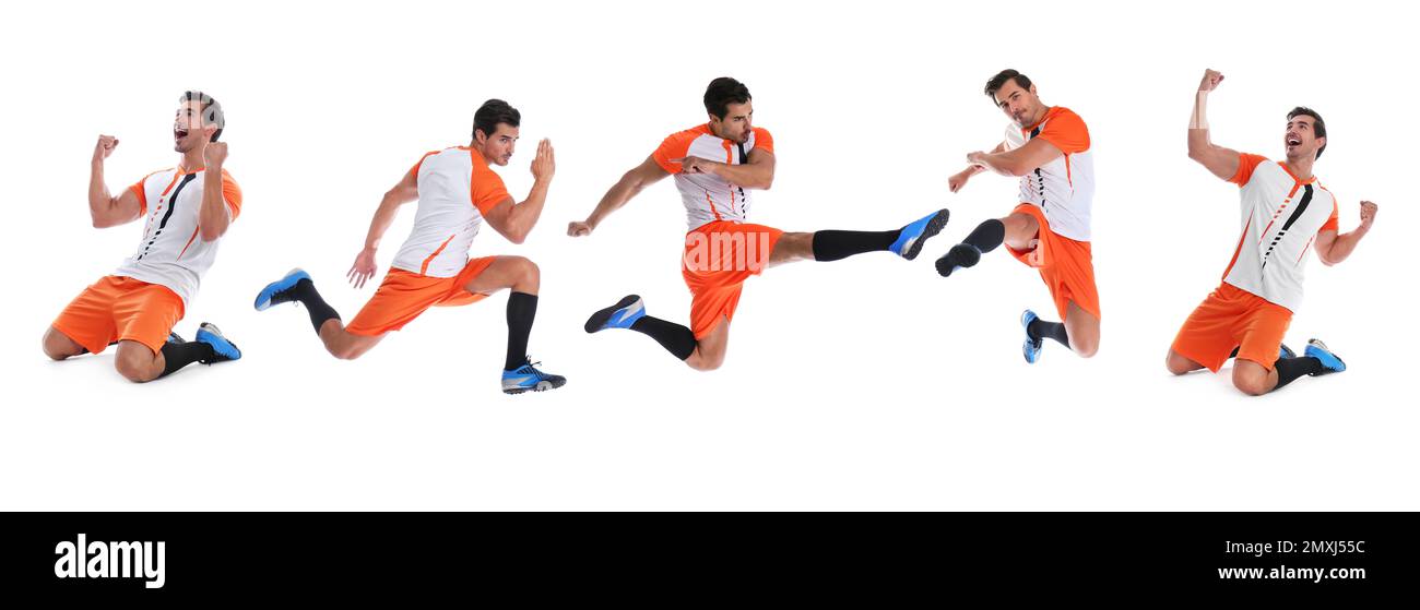 Collage de photos de jeunes joueurs de football sur fond blanc. Bannière Banque D'Images