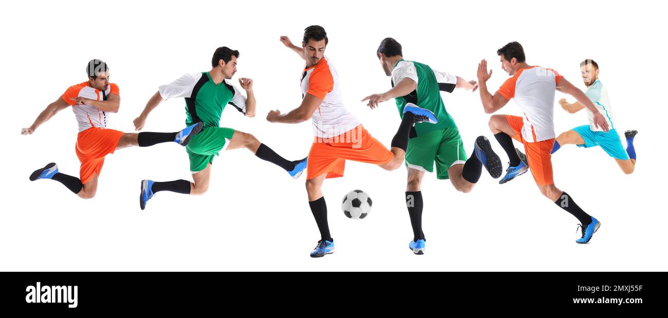 Collage de photos avec de jeunes hommes jouant au football sur fond blanc. Bannière Banque D'Images