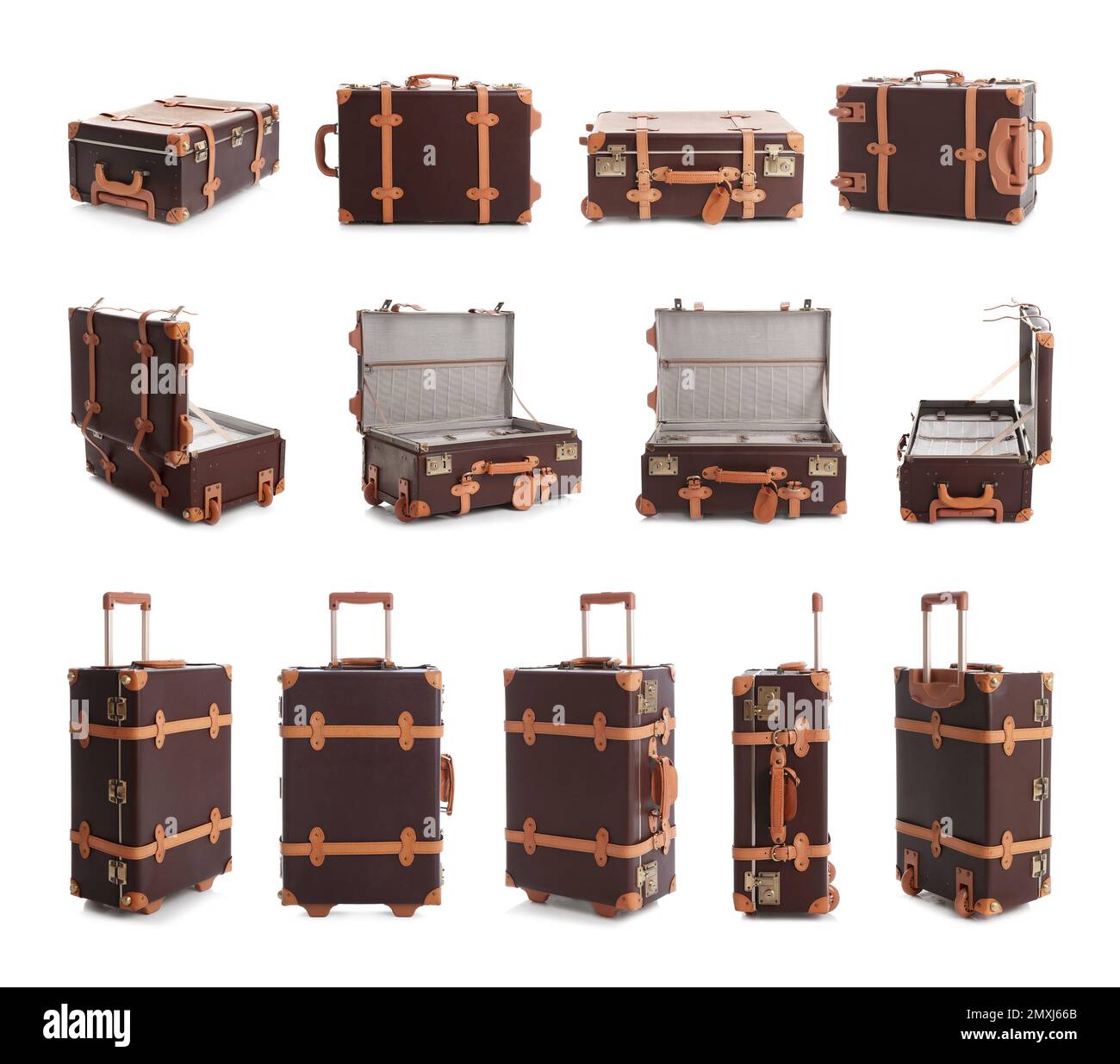 Ensemble de valises vintage sur fond blanc Banque D'Images