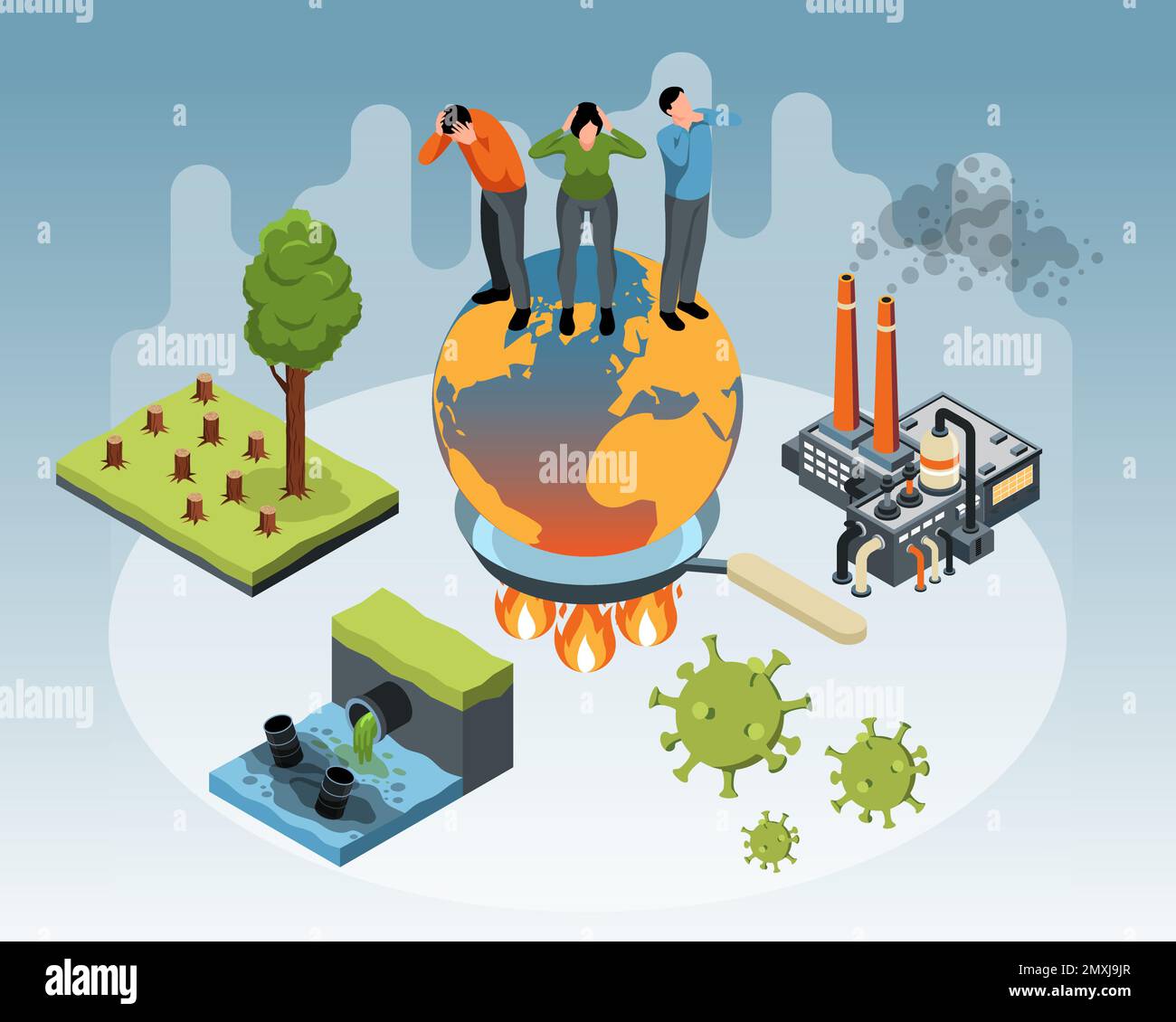 Le concept de problèmes environnementaux isométriques avec la planète souffre du réchauffement planétaire et de l'illustration du vecteur de pollution Illustration de Vecteur