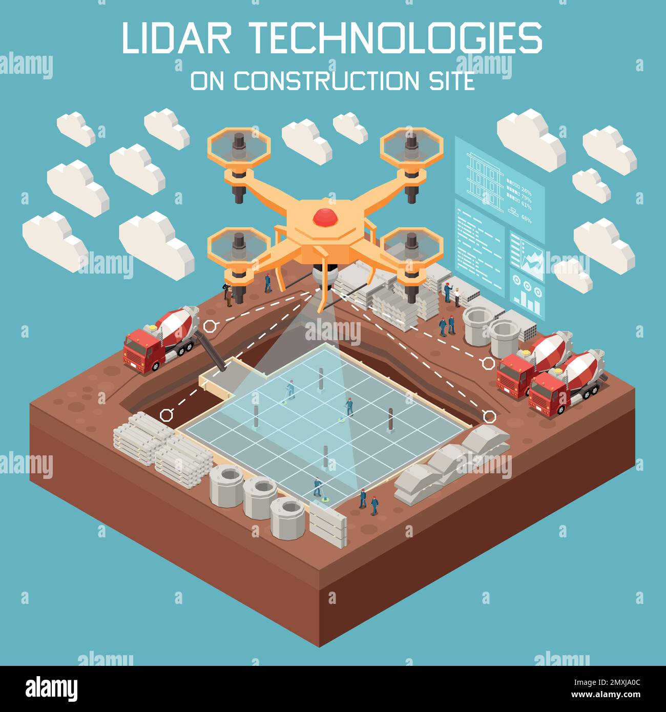 Lidar technologies fond isométrique avec un drone volant au-dessus du site de construction 3D illustration vectorielle Illustration de Vecteur