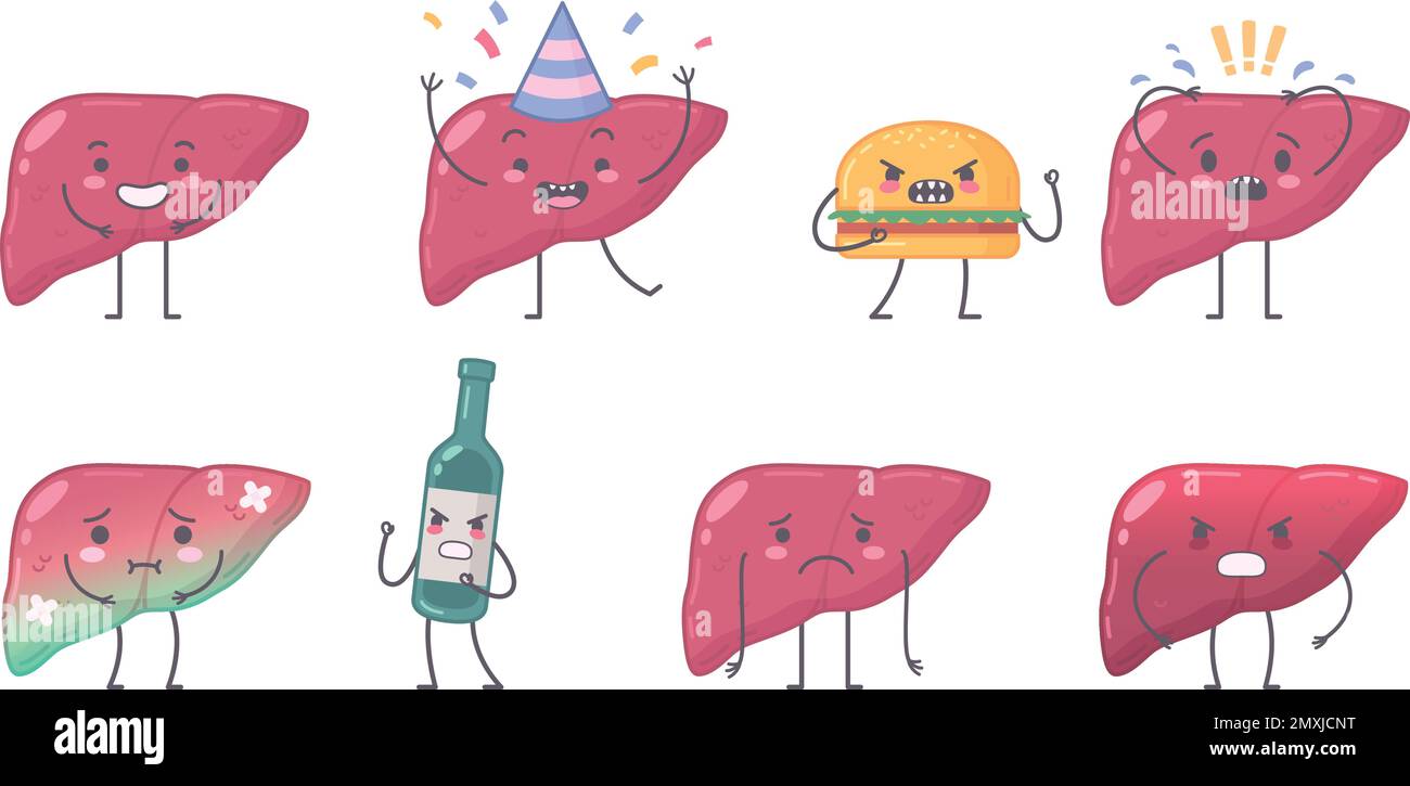 Des personnages d'organes humains avec des icônes isolées du foie ayant la maladie fou bouteille d'alcool et illustration de vecteur de hamburger Illustration de Vecteur