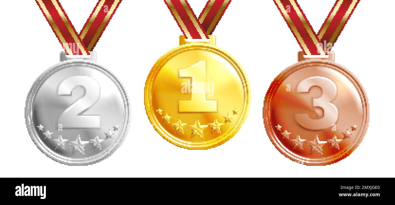 Ensemble réaliste de médailles d'argent doré et de bronze avec rubans rouges illustration vectorielle isolée Illustration de Vecteur
