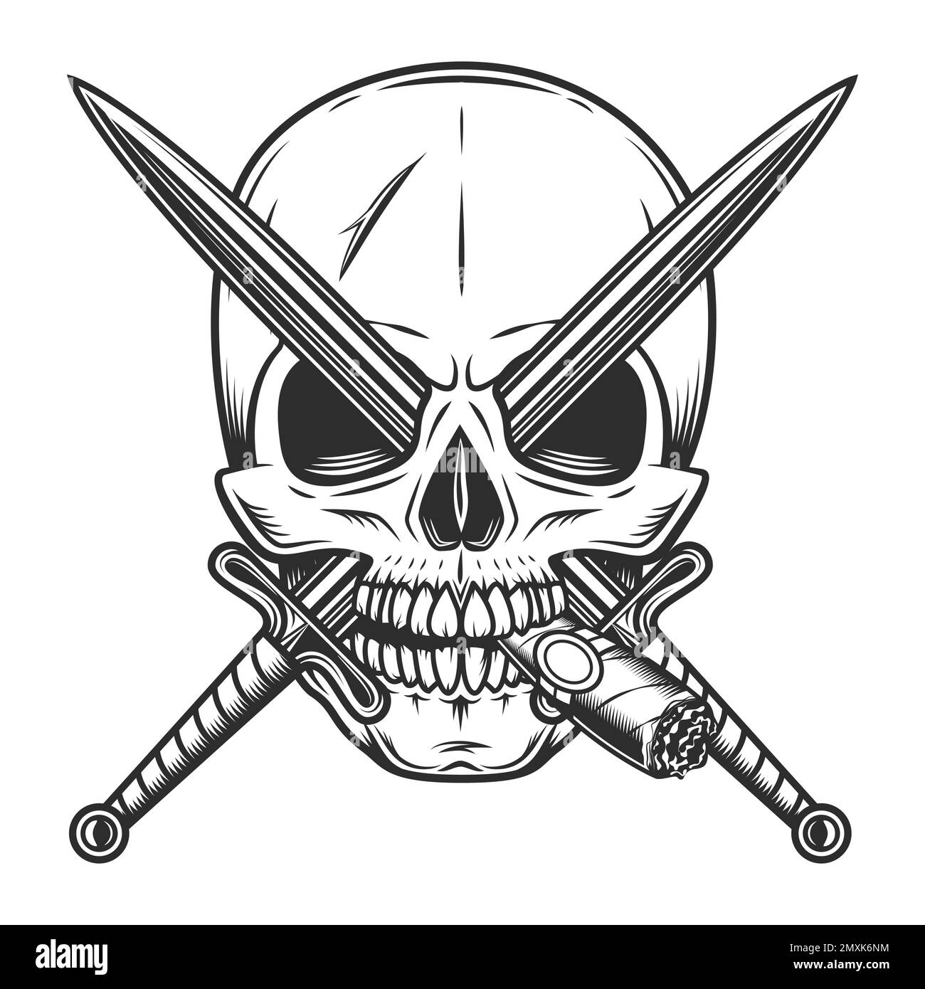 Crâne vintage fume de cigare ou de cigarette avec épées croisées illustration vectorielle isolée Illustration de Vecteur