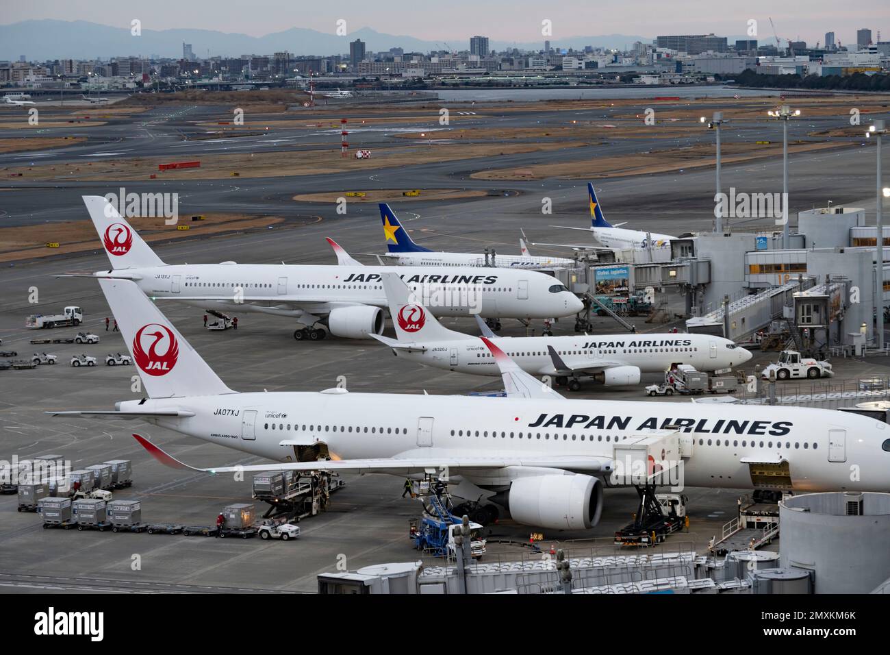 Tokyo, Japon. 2nd févr. 2023. Les Boeing d'apas Airlines aux portes du terminal 1 de Haneda.Japan Airlines (JAL), connue en japonais sous le nom de Nippon Yusen Kabushiki Kaisha (æ-¥æœ-éƒµèˆ¹æ ªå¼ä¼šç¤¾), est une compagnie aérienne importante basée à Tokyo, au Japon et membre de l'alliance oneworld. Elle exploite des vols internationaux et nationaux vers plus de 40 destinations dans le monde entier. JAL est l'une des compagnies aériennes les plus importantes et les plus respectées d'Asie, offrant un haut niveau de service et de confort à ses passagers et est connue pour son logo emblématique de grue rouge. JAL a récemment enregistré un profit, revenant au noir après la COVID-19 Banque D'Images