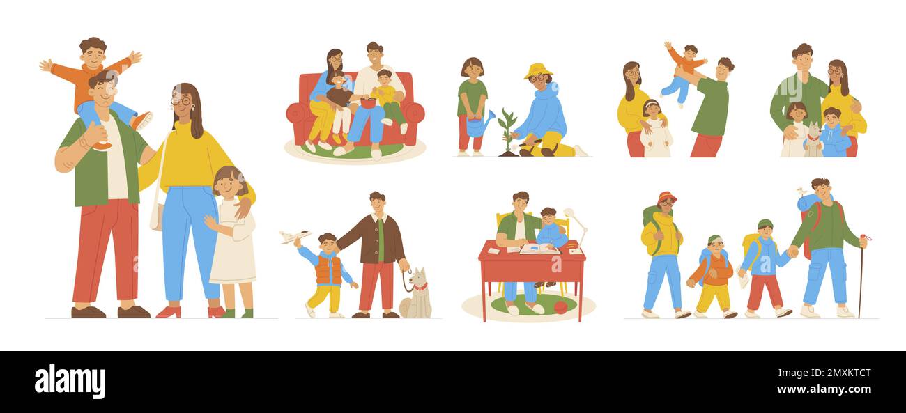 Ensemble de vie de famille heureux avec parents et enfants passer du temps ensemble illustration vectorielle isolée Illustration de Vecteur