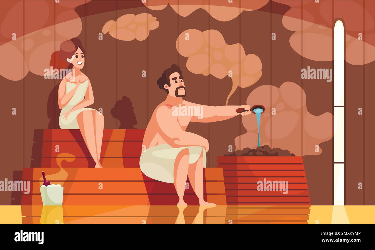 Fond de dessin animé de bain avec couple de vapeur ensemble dans le bain de vapeur illustration vectorielle plate Illustration de Vecteur