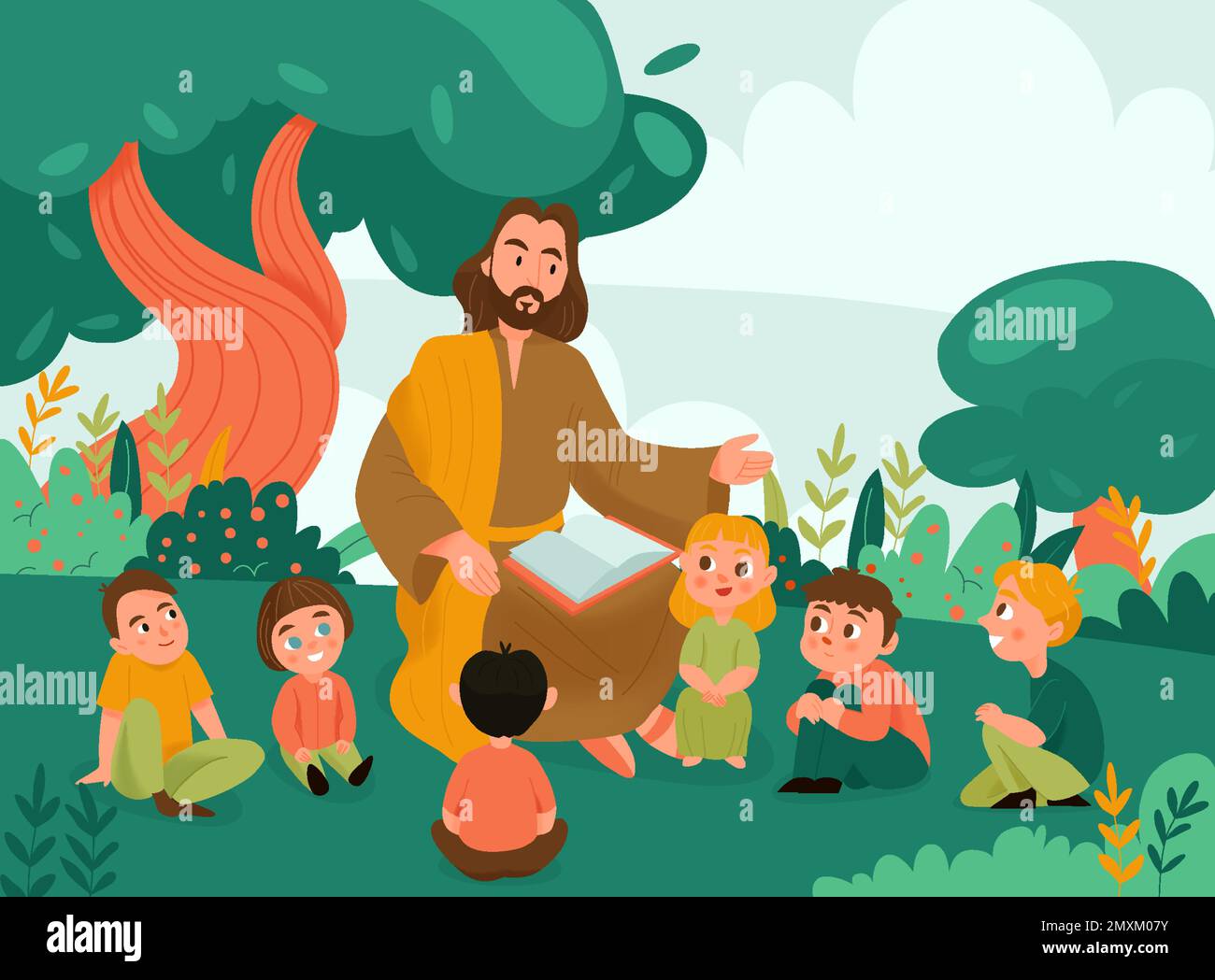 Jésus Christ et les enfants fond avec la Bible et les symboles de religion illustration vectorielle plate Illustration de Vecteur