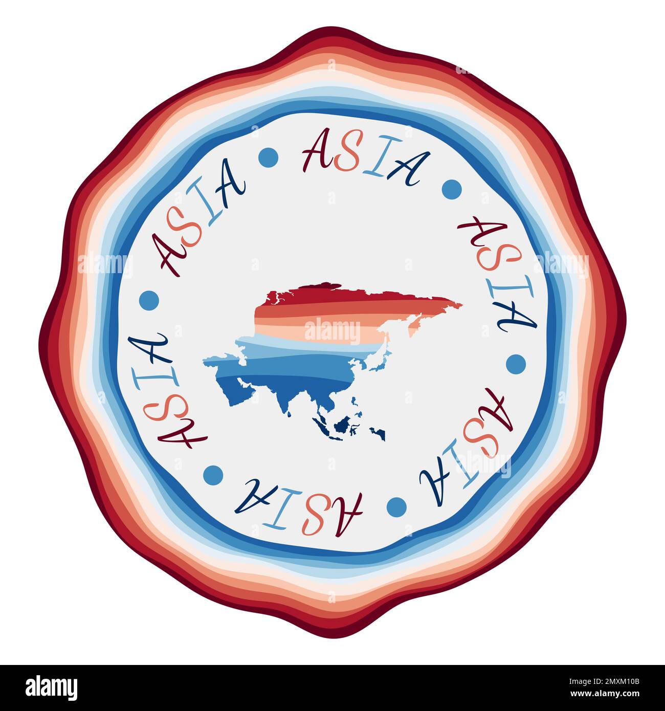 Badge Asie. Carte du continent avec de belles vagues géométriques et un cadre rouge et bleu vif. Logo asiatique rond vif. Illustration vectorielle. Illustration de Vecteur