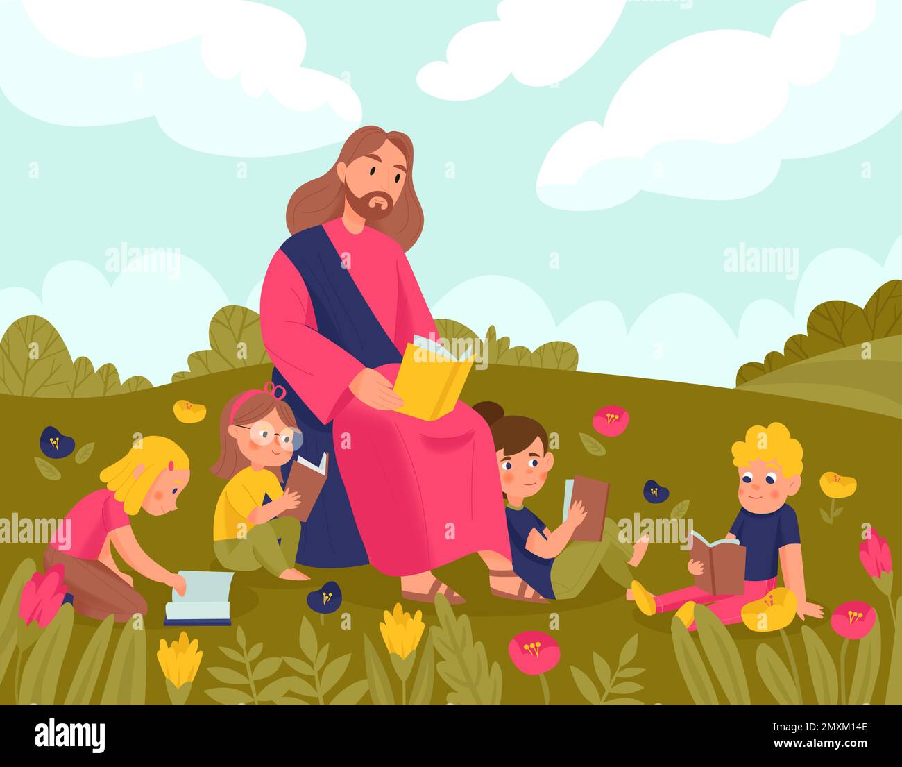 Jésus Christ et les enfants fond avec la lecture de la Bible et les symboles de religion illustration vectorielle plate Illustration de Vecteur