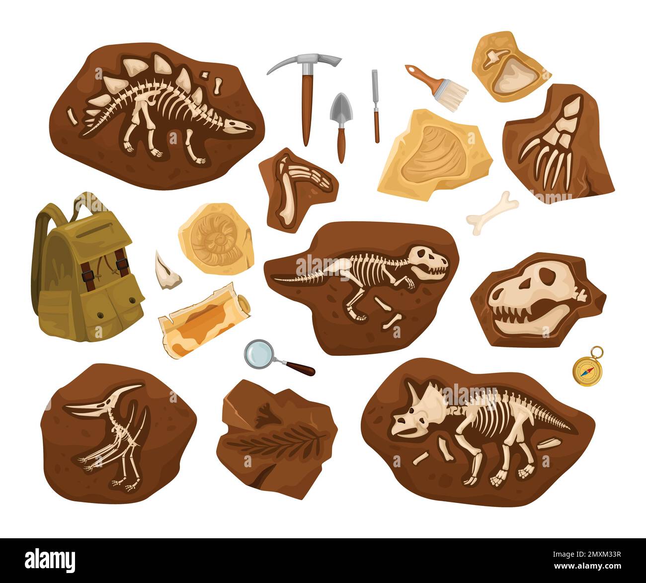 Squelette de dinosaure ensemble archéologique d'images isolées avec des outils sac à dos et des os anciens découvertes en pierres vecteur illustration Illustration de Vecteur