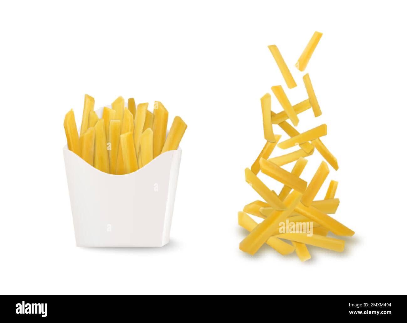 Pommes de terre frites ensemble réaliste d'images isolées avec des frites tombées et emballées dans une illustration vectorielle de tasse en carton Illustration de Vecteur