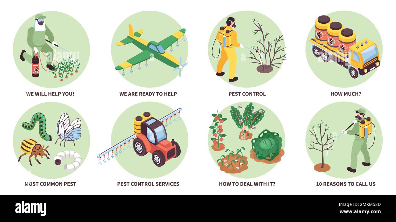 Compositions isométriques de lutte antiparasitaire agricole avec illustration vectorielle isolée des travailleurs agricoles et de l'équipement Illustration de Vecteur
