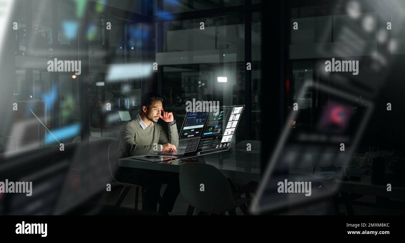 Homme d'affaires, interface numérique futuriste et analyse la nuit pour la planification, la stratégie ou l'étude de marché boursier au bureau. Analyste travaillant tard Banque D'Images
