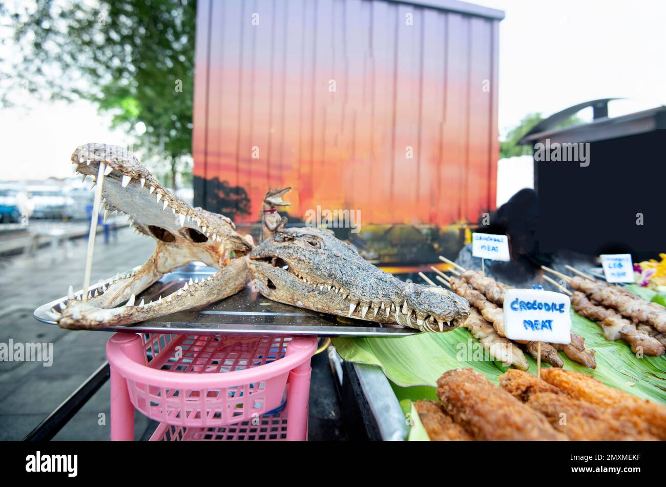 Une viande de crocodile, rue vendeur montre deux têtes de croc séchées, bouche agape, avec des dents tranchantes, à côté de divers kebabs et d'autres préparations de la viande, Banque D'Images