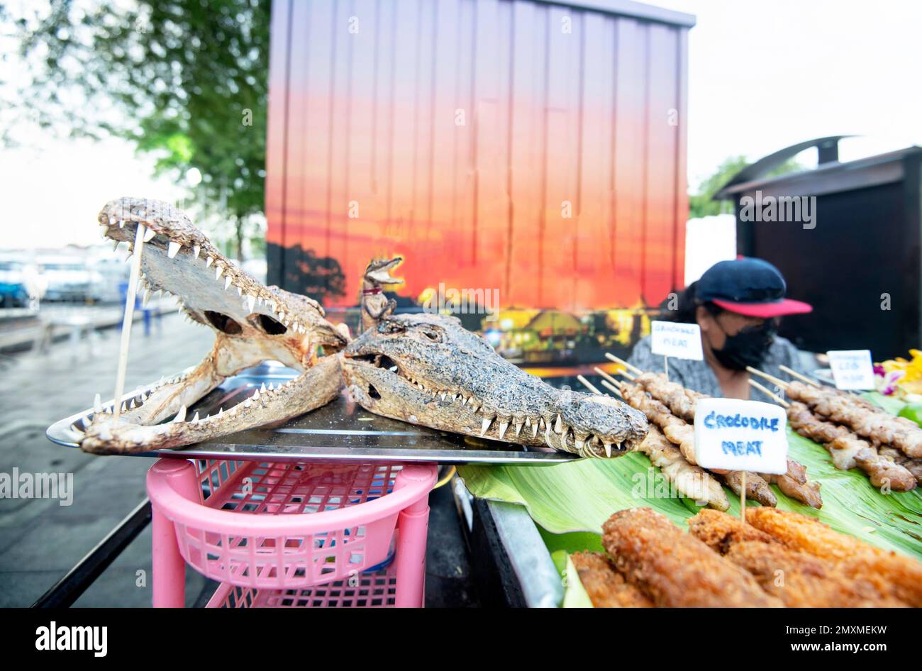 Une viande de crocodile, rue vendeur montre deux têtes de croc séchées, bouche agape, avec des dents tranchantes, à côté de divers kebabs et d'autres préparations de la viande, Banque D'Images