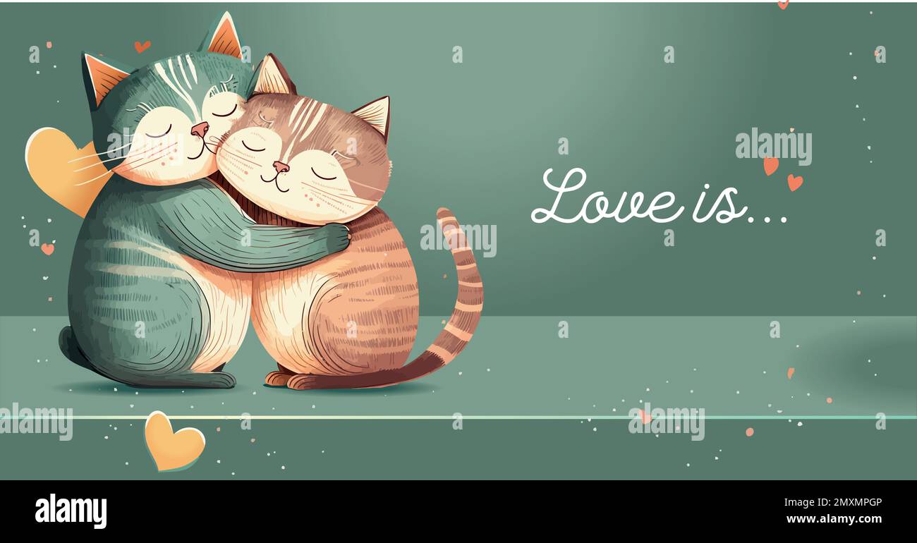 Illustration vectorielle de chats mignons dans le style de dessin animé d'amour. Les animaux de compagnie sont amoureux. Cœur rouge. Carte de Saint-Valentin, carte d'amour, carte de vœux avec inscription vous êtes purr-fect pour moi Illustration de Vecteur