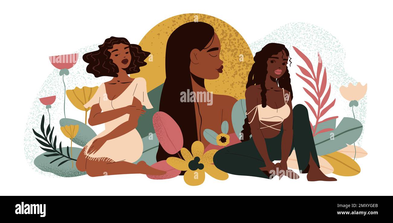 Fille noire composition de femme trois belles filles en profil et plein visage avec des fleurs autour d'eux illustration vectorielle Illustration de Vecteur
