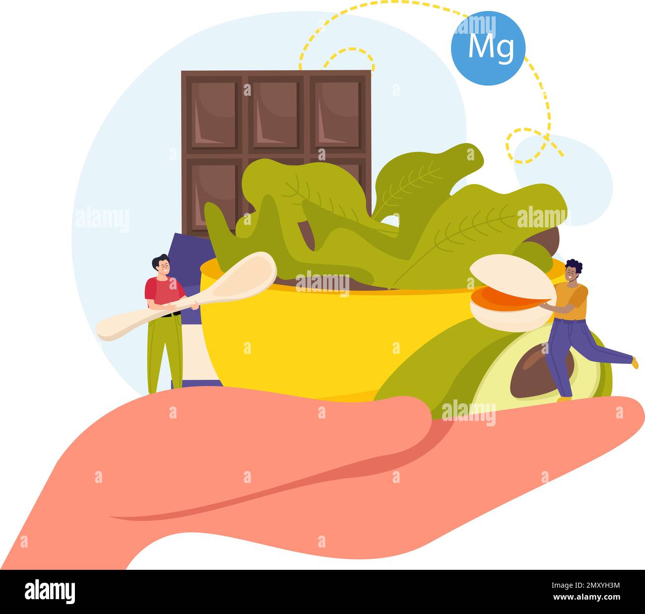 Aliments à haute teneur en magnésium équilibré régime plat concept avec la main humaine tenant bol de produits sains et deux minuscules personnes illustration de vecteur Illustration de Vecteur