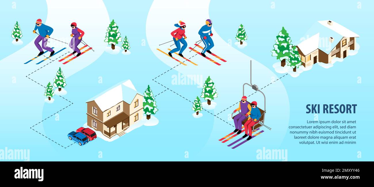 Graphiques de station de ski isométrique avec des personnes faisant des sports d'hiver illustration vectorielle Illustration de Vecteur