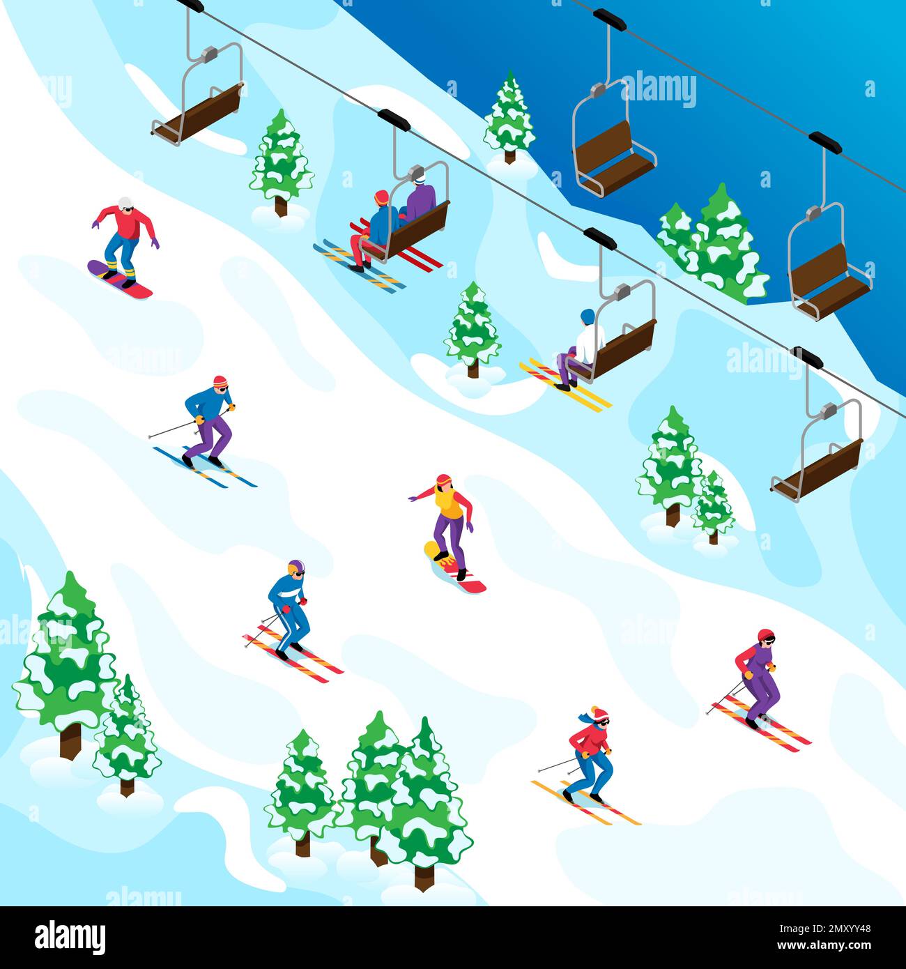 Concept de station de ski isométrique avec des sportifs sur l'illustration du vecteur de montagne Illustration de Vecteur