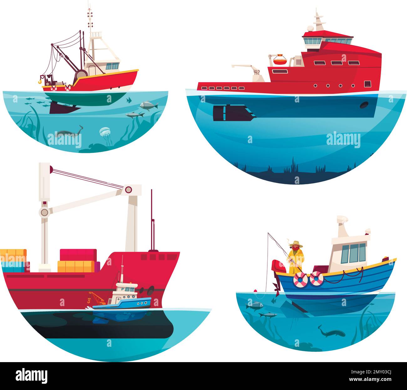 Icônes de navires de croisière et de fret avec symboles marins vecteur isolé plat ilustrate Illustration de Vecteur