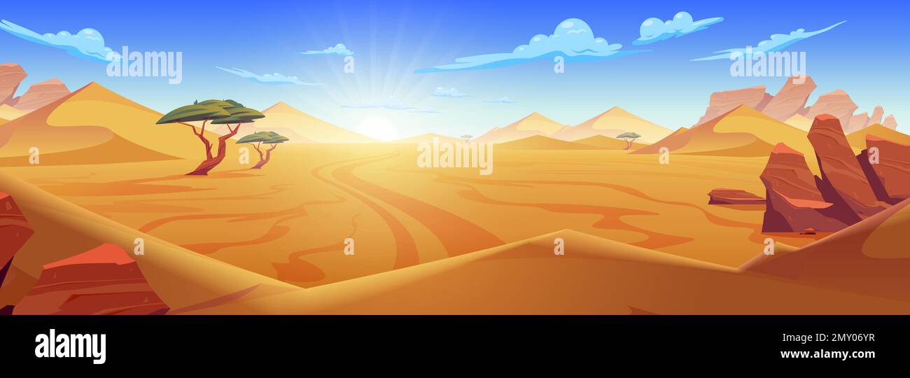 Composition du désert avec paysage horizontal de terres arides avec des rochers de montagne sable et ciel avec l'illustration du vecteur de soleil béant Illustration de Vecteur