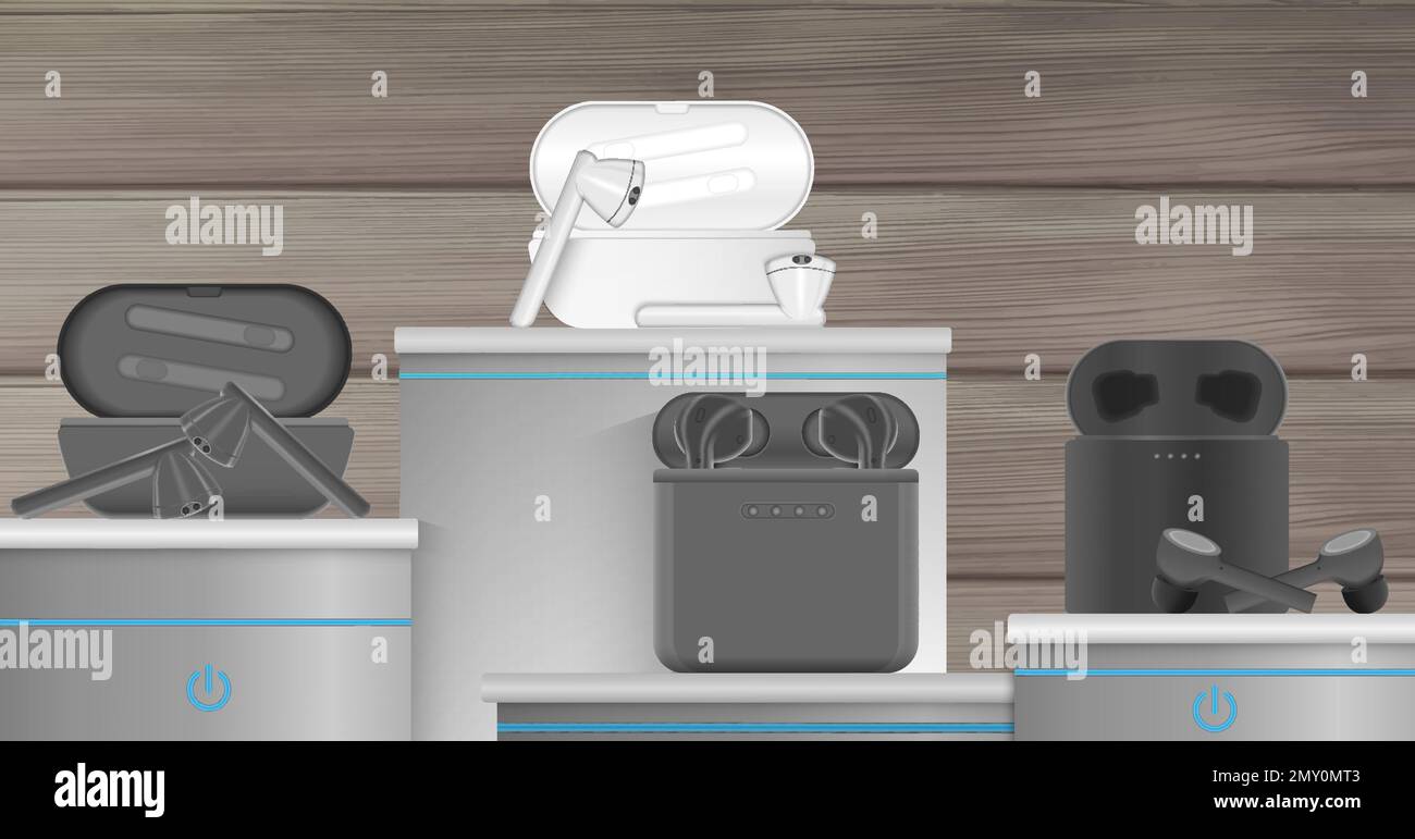 Casque sans fil arrière-plan réaliste avec illustration vectorielle des symboles musicaux Illustration de Vecteur