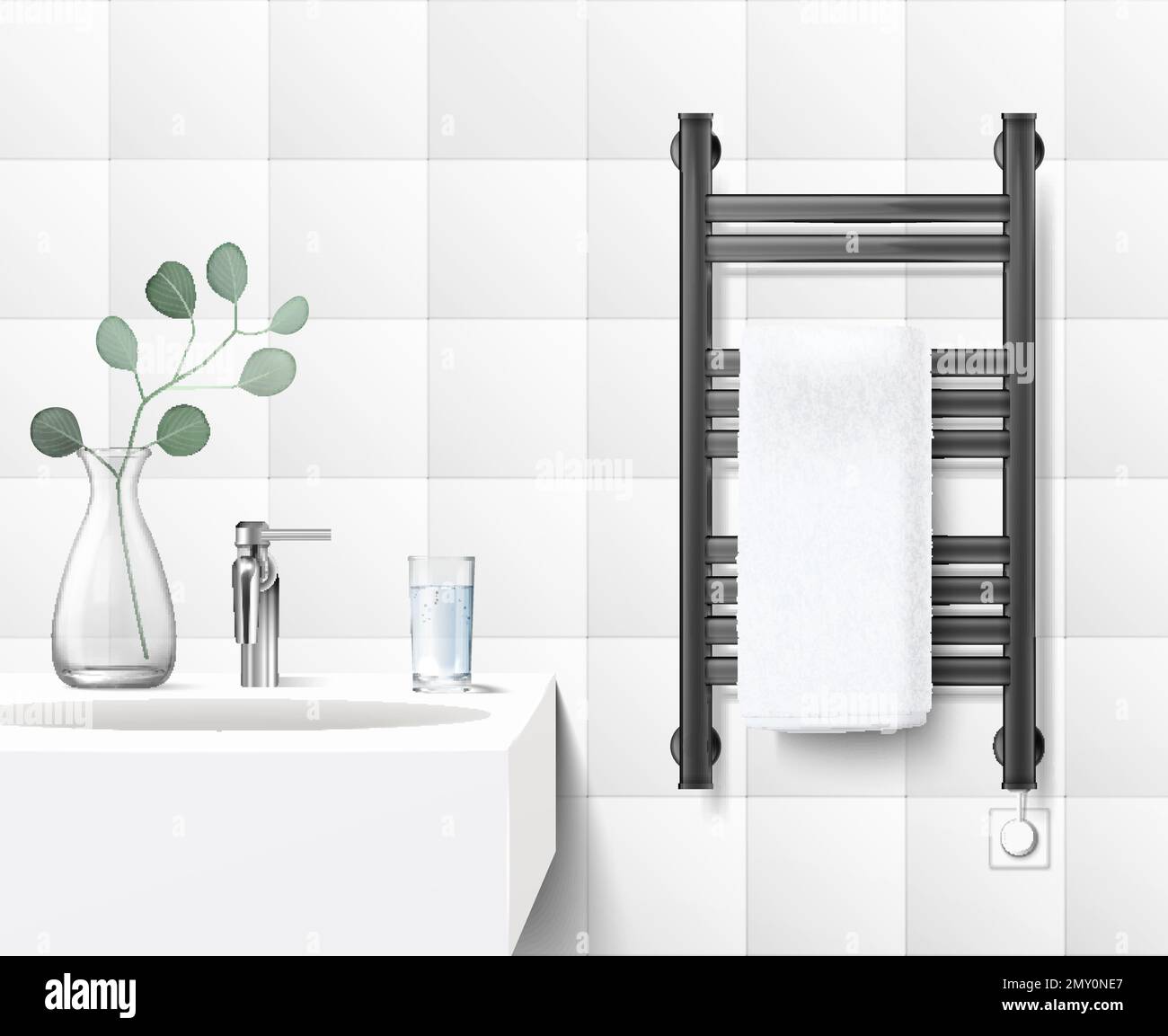 Salle de bains intérieur réaliste avec moderne électrique rail chauffant noir avec serviette blanche à côté de l'évier illustration vectorielle Illustration de Vecteur