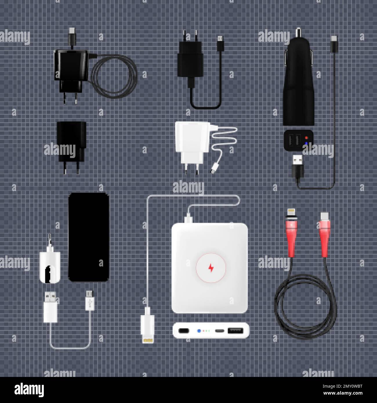 Kit de recharge pour téléphone portable pour smartphone avec adaptateurs de charge isolés pour prise murale automobile et illustration vecteur de banque d'alimentation Illustration de Vecteur