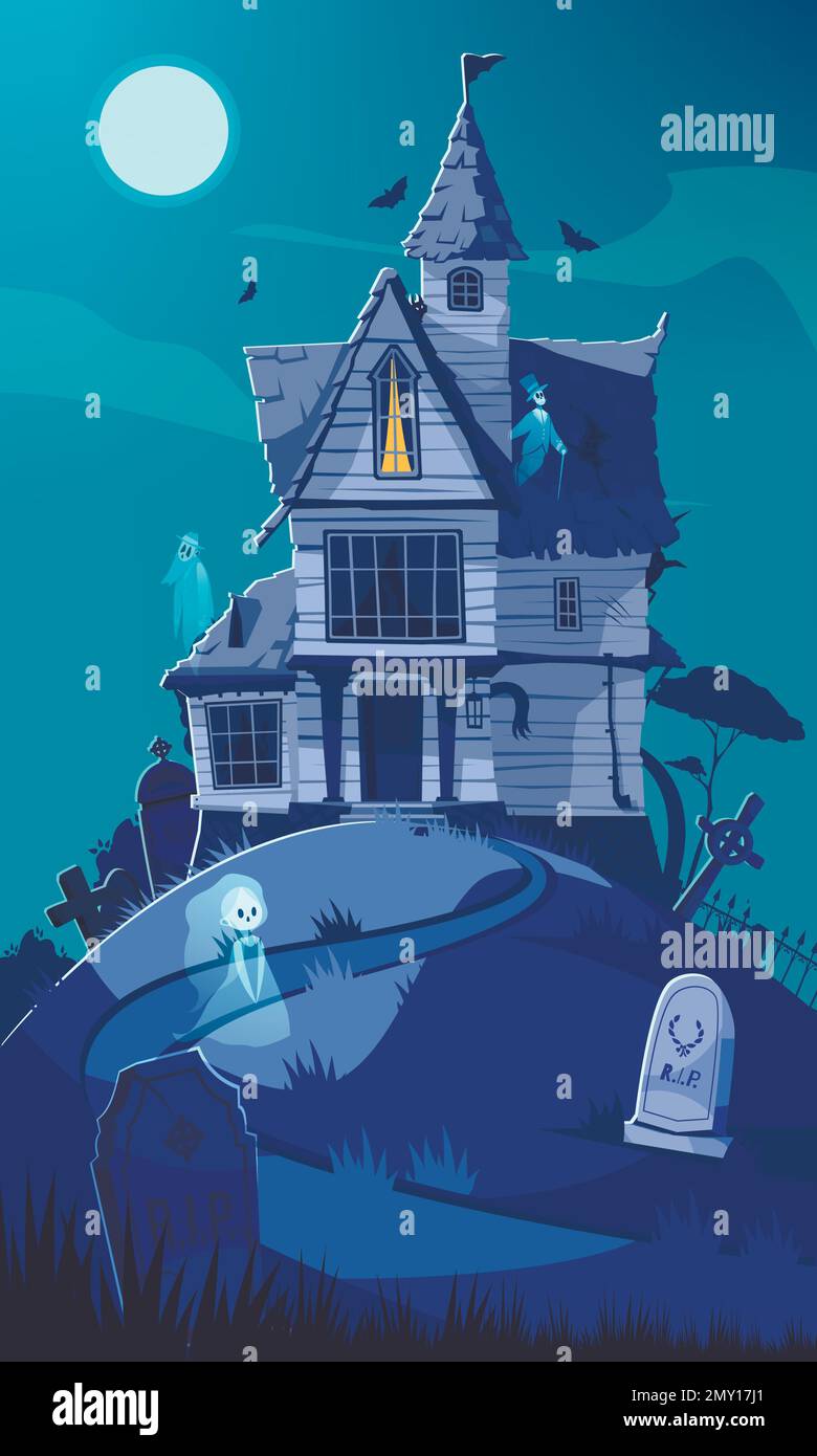 Affiche de dessin animé maison effrayante avec bâtiment d'horreur dans l'illustration de vecteur de clair de lune Illustration de Vecteur
