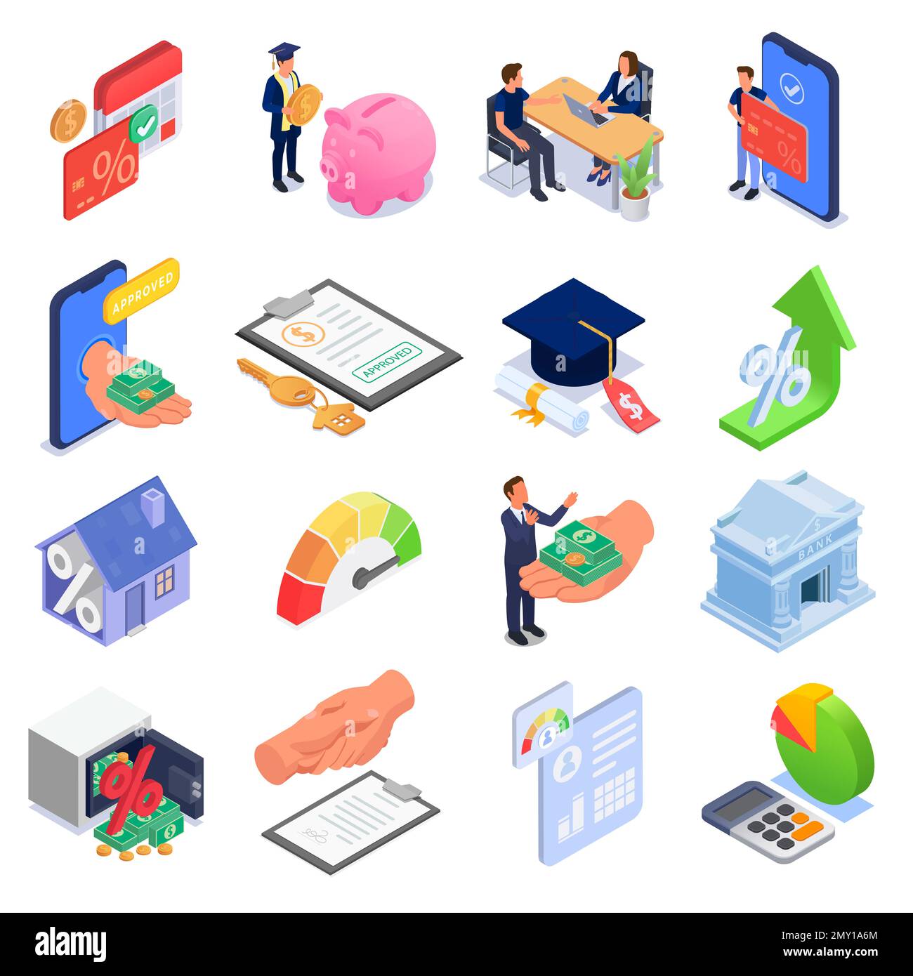 Prêt bancaire taux d'intérêt crédit hypothécaire icônes isométriques ensemble isolé contre fond blanc 3D illustration vectorielle Illustration de Vecteur