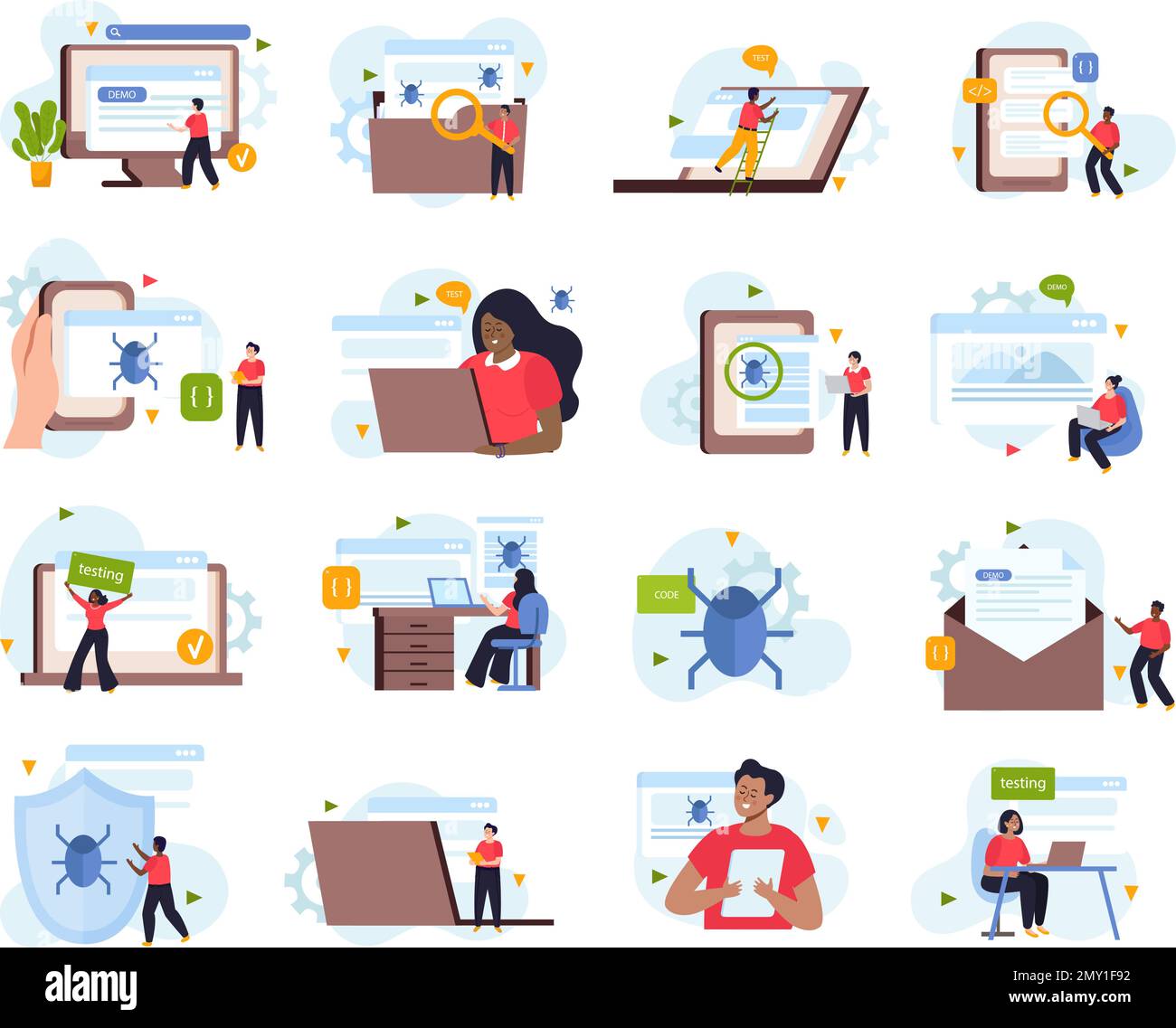 Icônes QA ENGINEER définies avec des symboles de test logiciel illustration vectorielle isolée plate Illustration de Vecteur