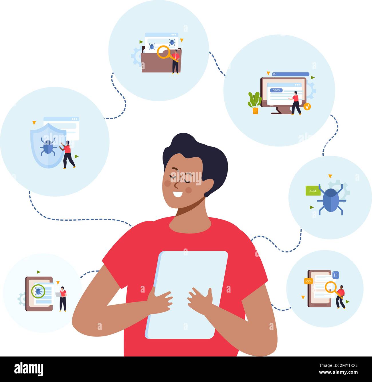 Concept d'ingénieur QA avec illustration vectorielle plate des symboles de programmation logicielle Illustration de Vecteur