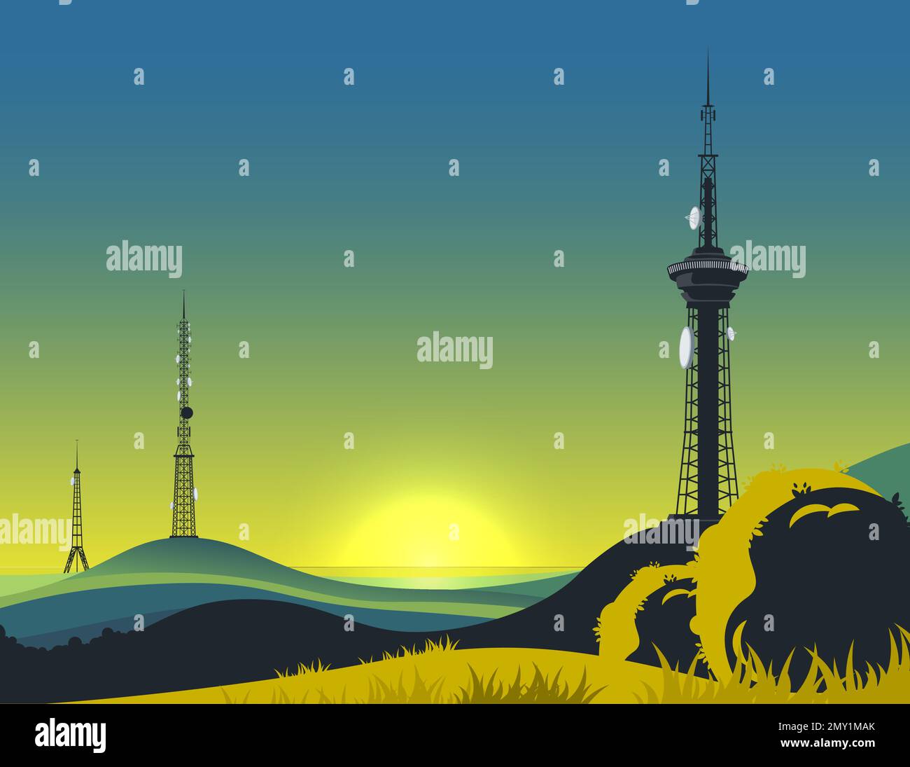 Composition de paysage de tour de communication avec coucher de soleil ciel clair et des tours de télécommunication modernes sur des collines lointaines illustration vectorielle Illustration de Vecteur