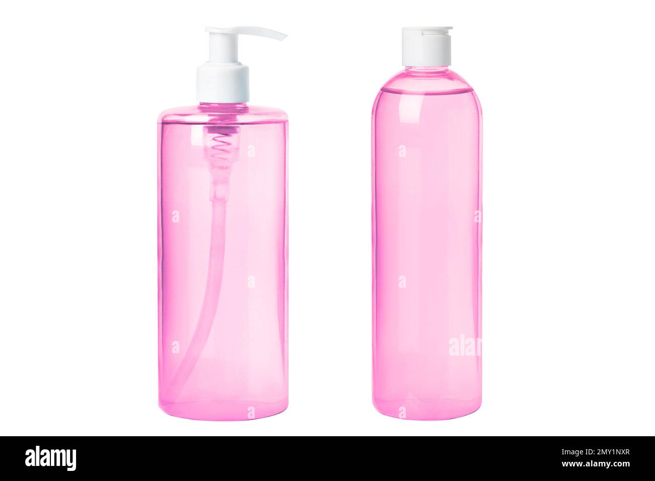 Définir. Encre cosmétique rose hydratante, sérum, eau micellaire isolée sur fond blanc. Flacons cosmétiques transparents. Avec distributeur Banque D'Images