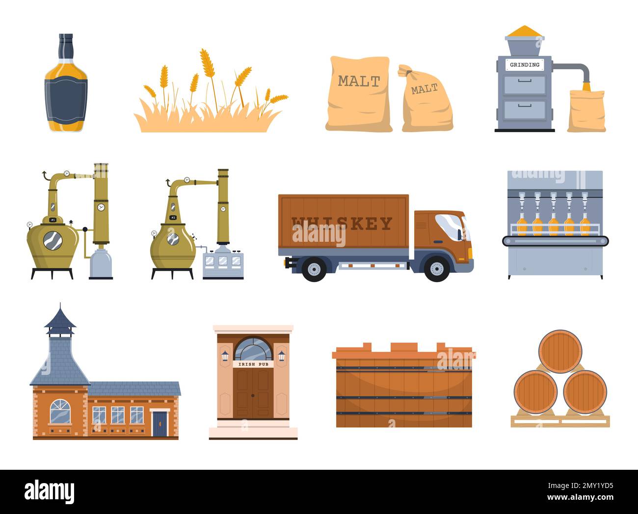 Série de fabrication de whiskey plat d'icônes isolées avec les installations de l'usine de sacs de terrain barriques camion et illustration de vecteur de pub Illustration de Vecteur