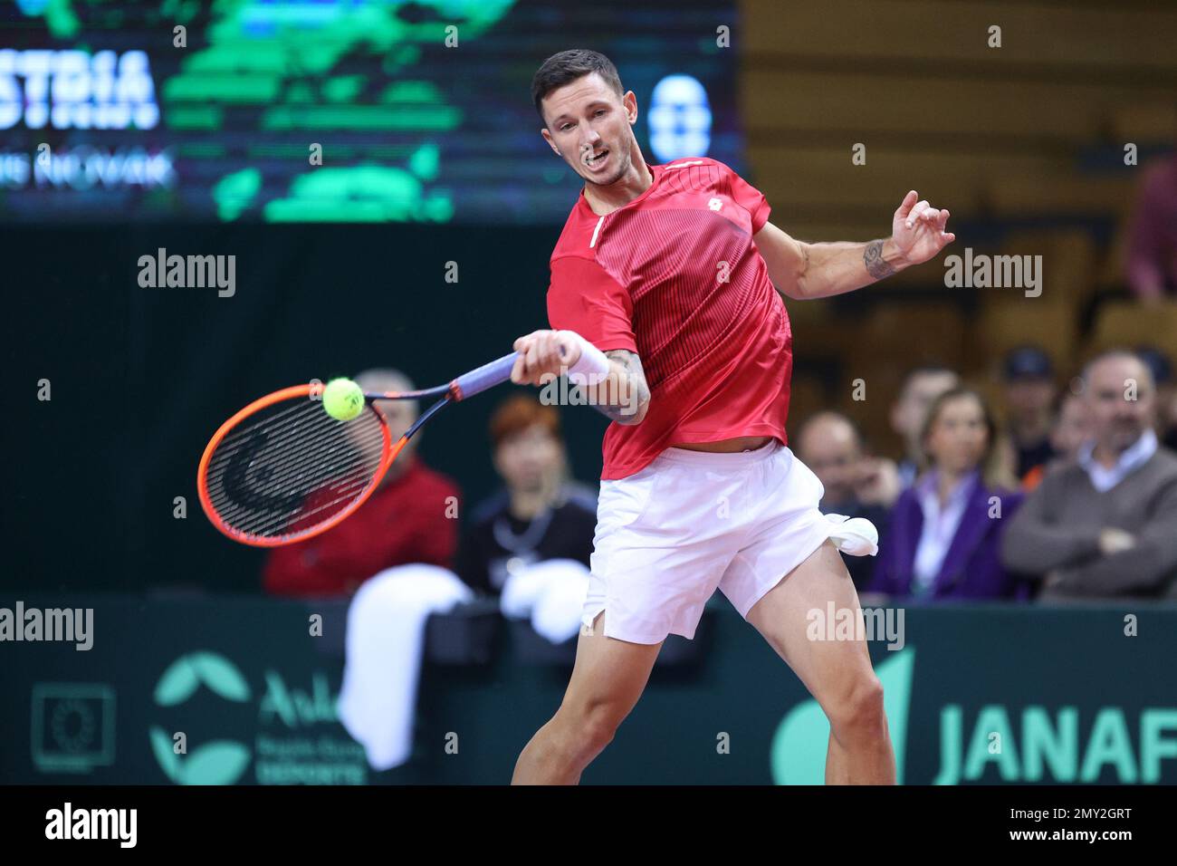 RIJEKA, CROATIE - FÉVRIER 04 : Dennis Novak d'Autriche joue un front contre Borna Coric de Croatie lors du premier tour de qualification de la coupe Davis entre la Croatie et l'Autriche au Zamet Sports Hall on 4 février 2023 à Rijeka, Croatie. Photo: Nel Pavletic/PIXSELL crédit: Pixsell/Alay Live News Banque D'Images