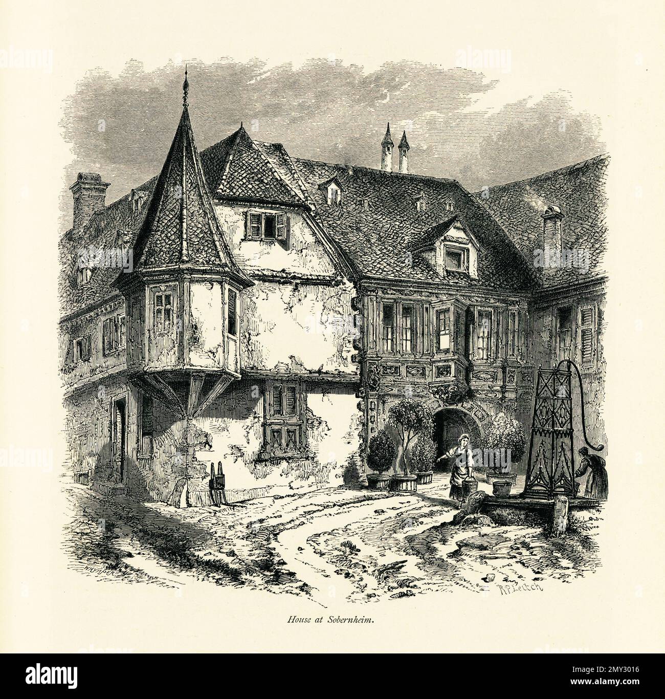 Gravure antique d'une maison à Bad Sobernheim, un village situé sur la rivière Nahe, en Allemagne. Illustration publiée dans la pittoresque Europe, vol III Banque D'Images