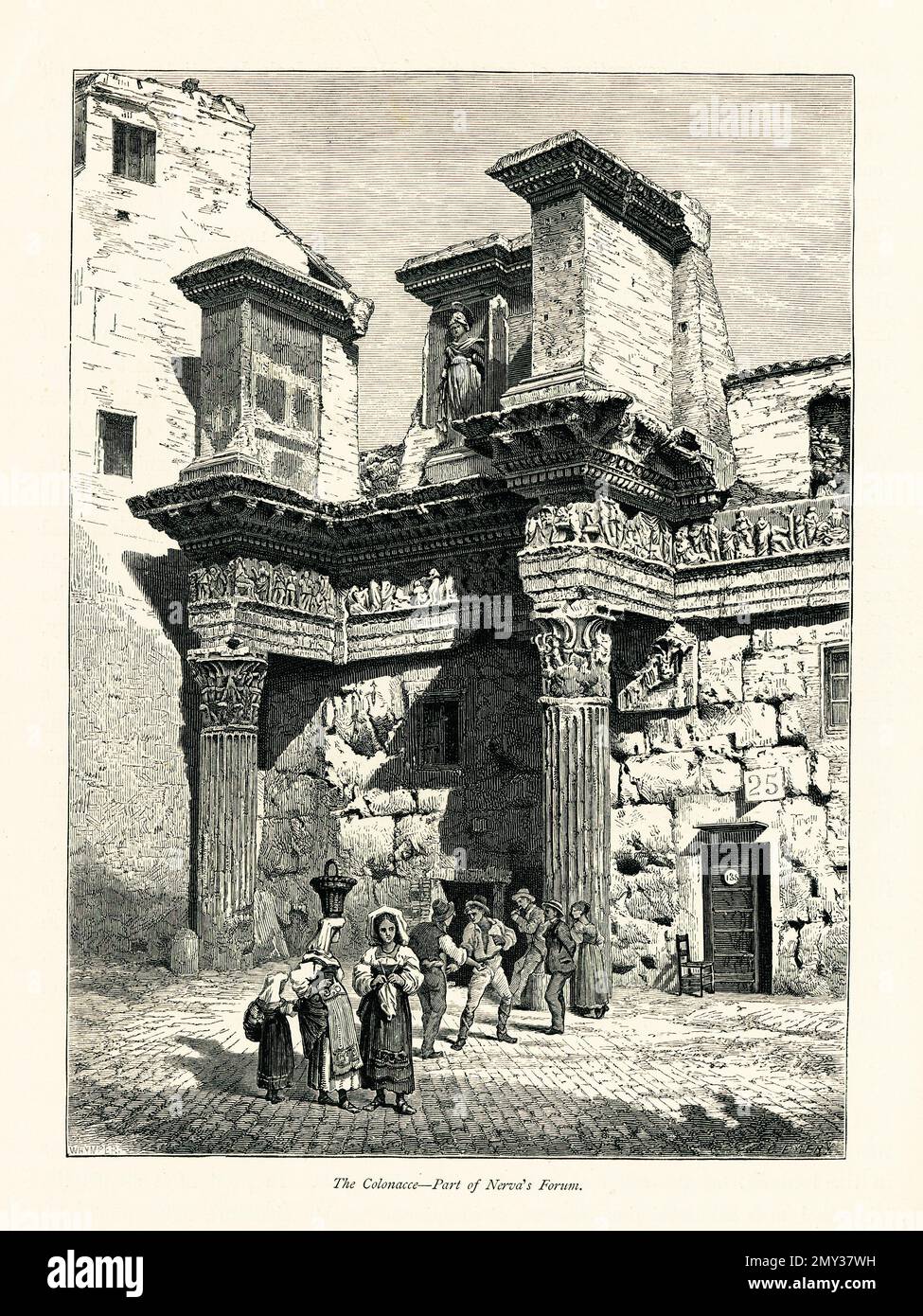 Illustration antique représentant une partie du Forum de Nerva, un temple dédié à Minerva à Rome, Italie. Gravure publiée en Europe pittoresque, Vo Banque D'Images